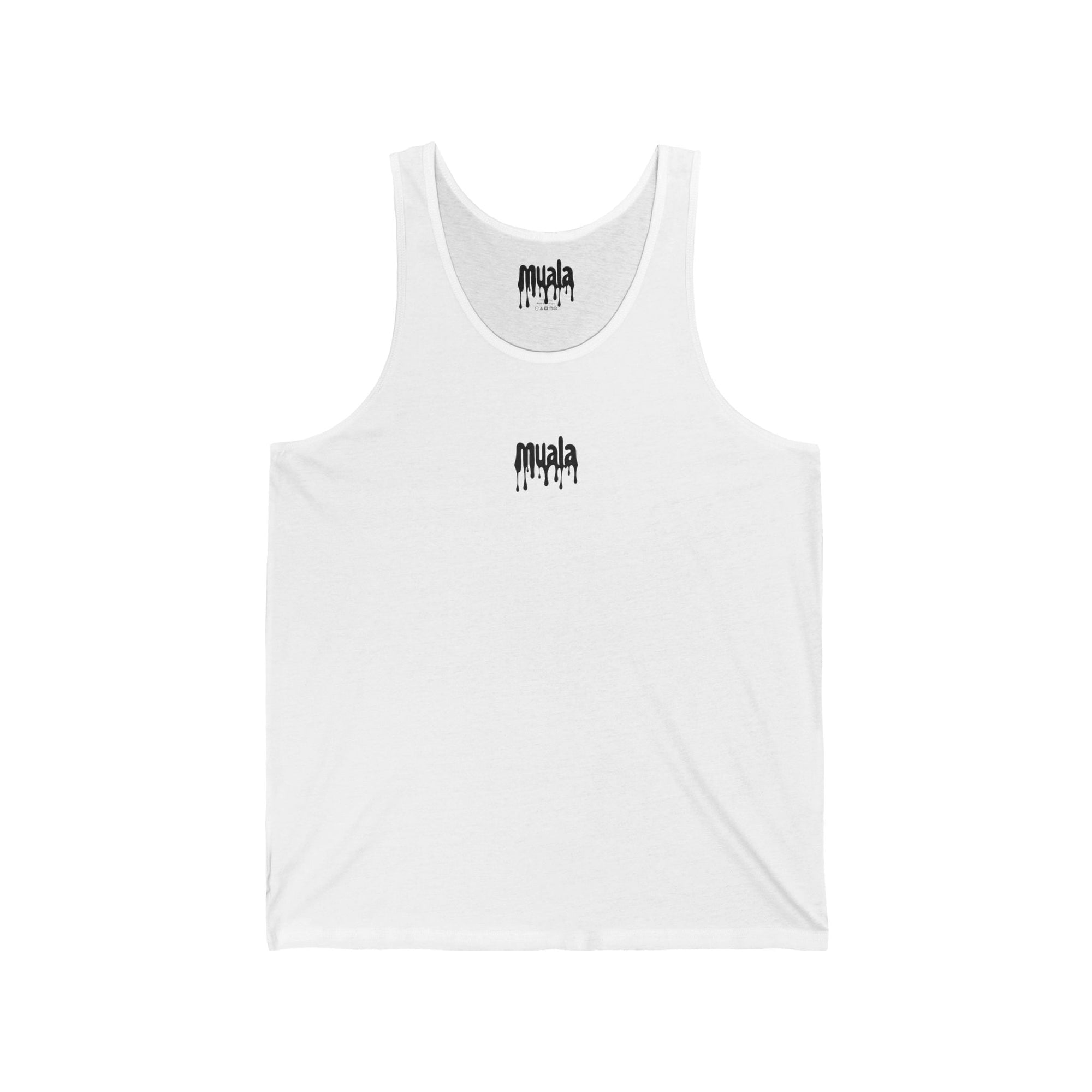 White all day summer jersey tank top with small black muala logo on chest, lightweight and unisex design for casual comfort and versatile summer wear