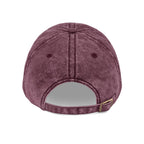 Back view of maroon distressed Muala® "sunday pizza" Cap with adjustable antique brass metal buckle strap and 6-panel cotton twill construction