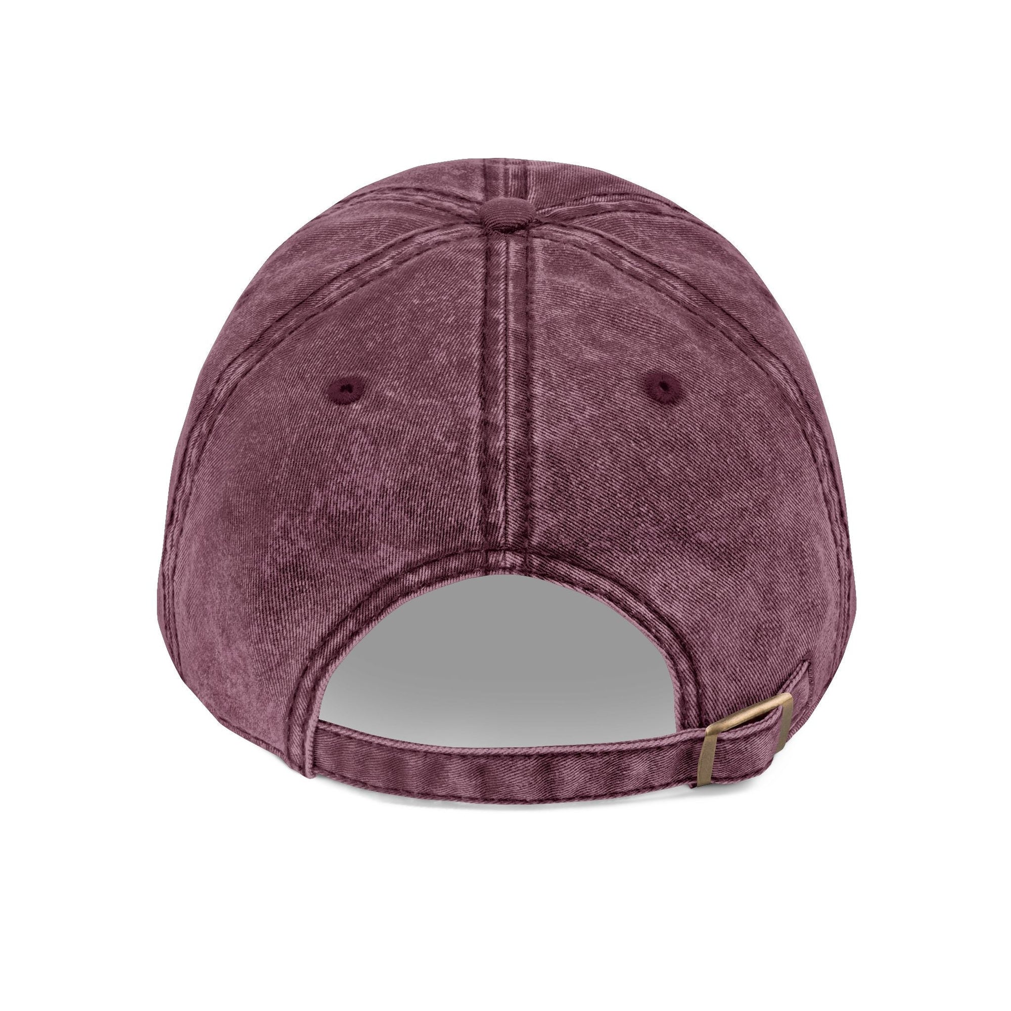 Back view of maroon distressed Muala® "sunday pizza" Cap with adjustable antique brass metal buckle strap and 6-panel cotton twill construction