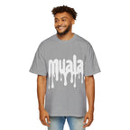 man wearing grey muala drippy fat heavy oversized tee with white dripping logo on front