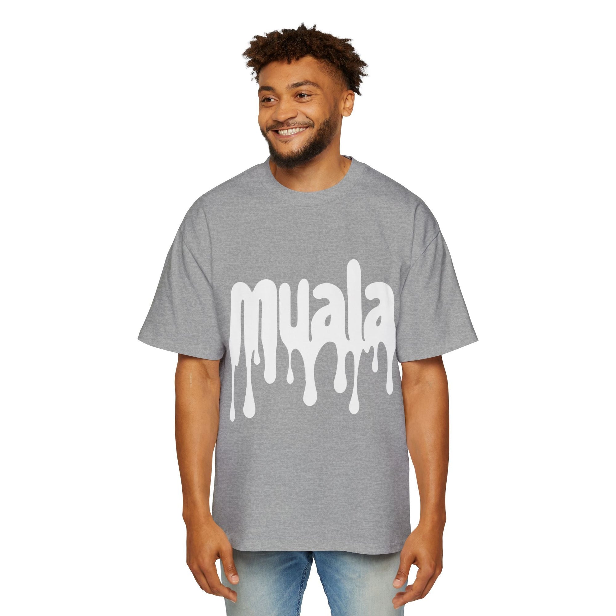 man wearing grey muala drippy fat heavy oversized tee with white dripping logo on front