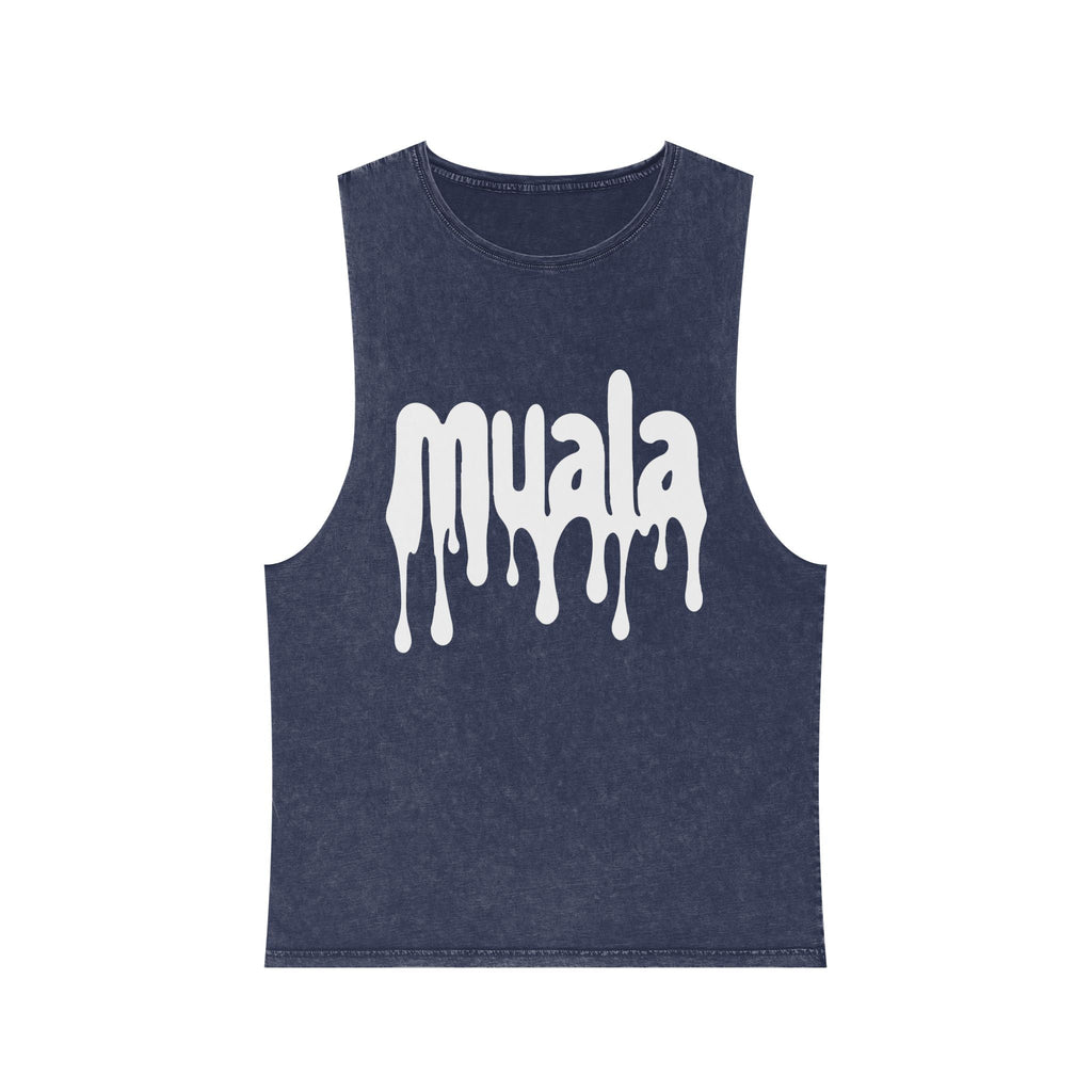 Muala® "hot mualan" stonewash tank top in navy with dripping logo and raw sleeve edges.