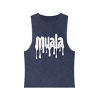 Muala® "hot mualan" stonewash tank top in navy with dripping logo and raw sleeve edges.