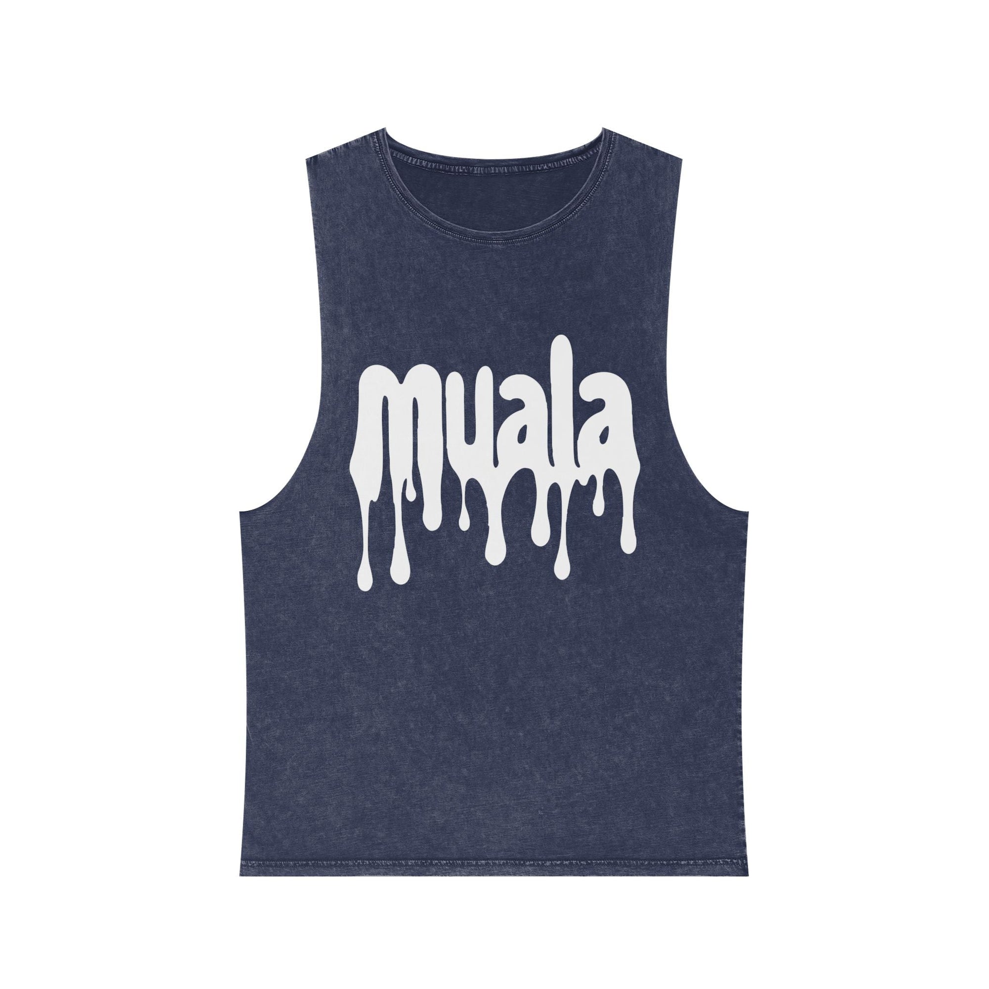 Muala® "hot mualan" stonewash tank top in navy with dripping logo and raw sleeve edges.