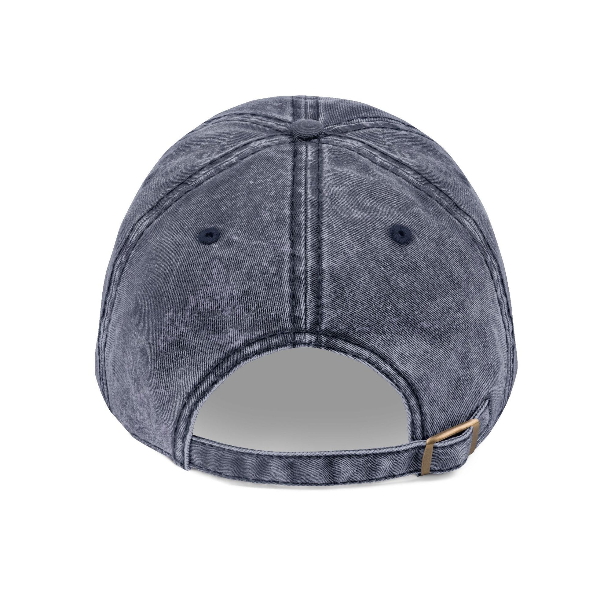 Back view of distressed navy Muala® "sunday pizza" cap with metal snap buckle and vintage wash finish
