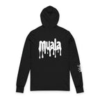 Black Muala® Snack Attack hooded long sleeve tee with white dripping text print on back and right sleeve