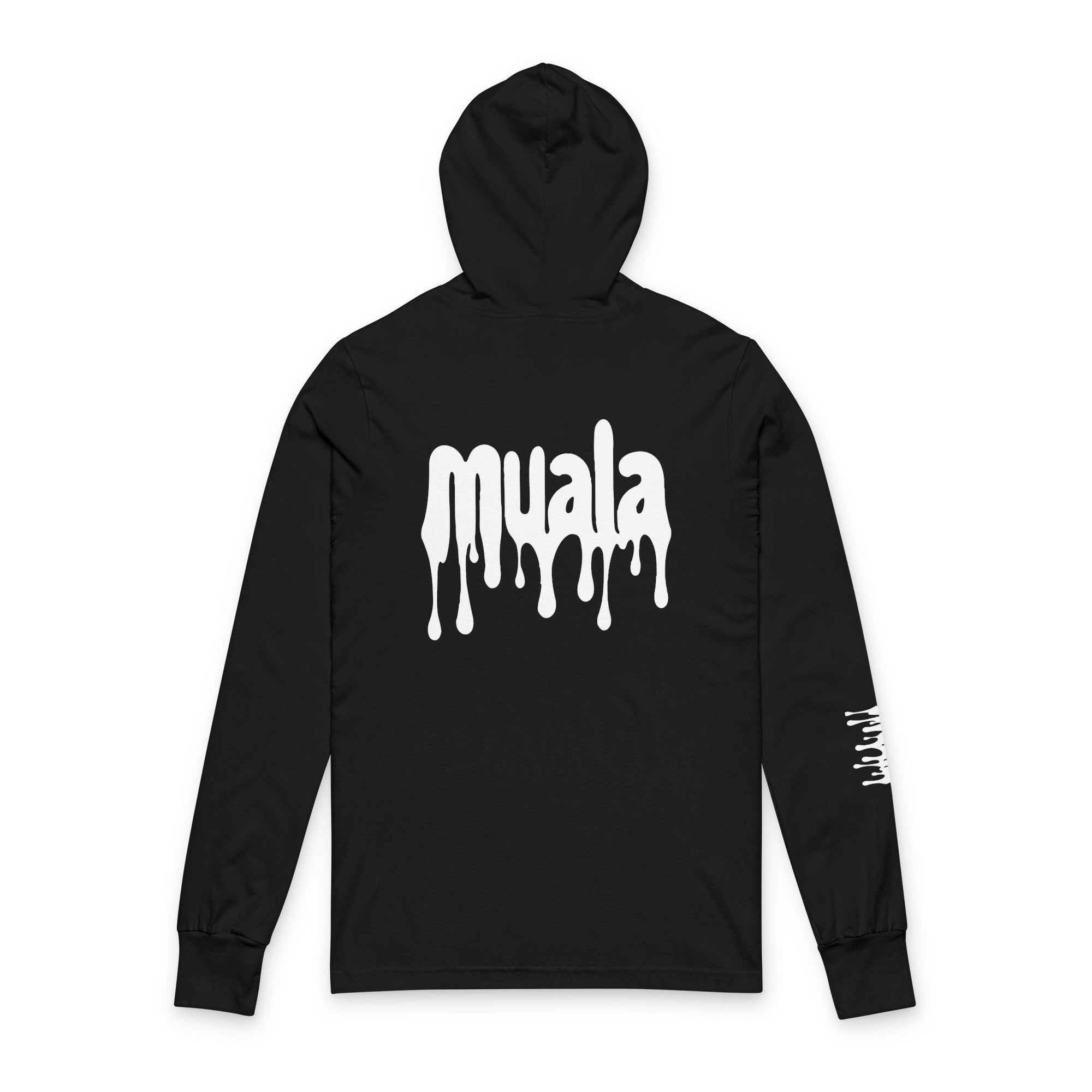 Black Muala® Snack Attack hooded long sleeve tee with white dripping text print on back and right sleeve