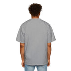 Back view of a man wearing a gray muala® "drippy fat" heavy oversized tee with dropped shoulders and relaxed fit.