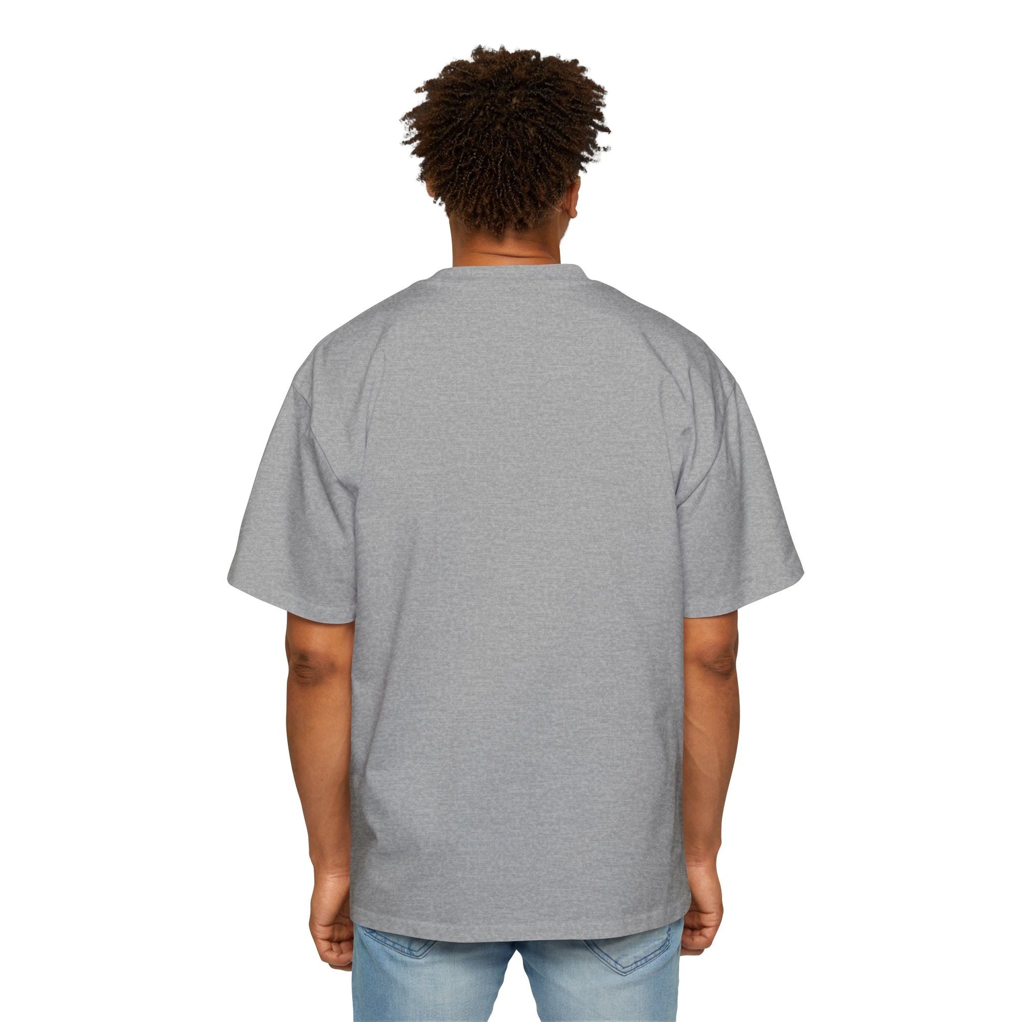 Back view of a man wearing a gray muala® "drippy fat" heavy oversized tee with dropped shoulders and relaxed fit.