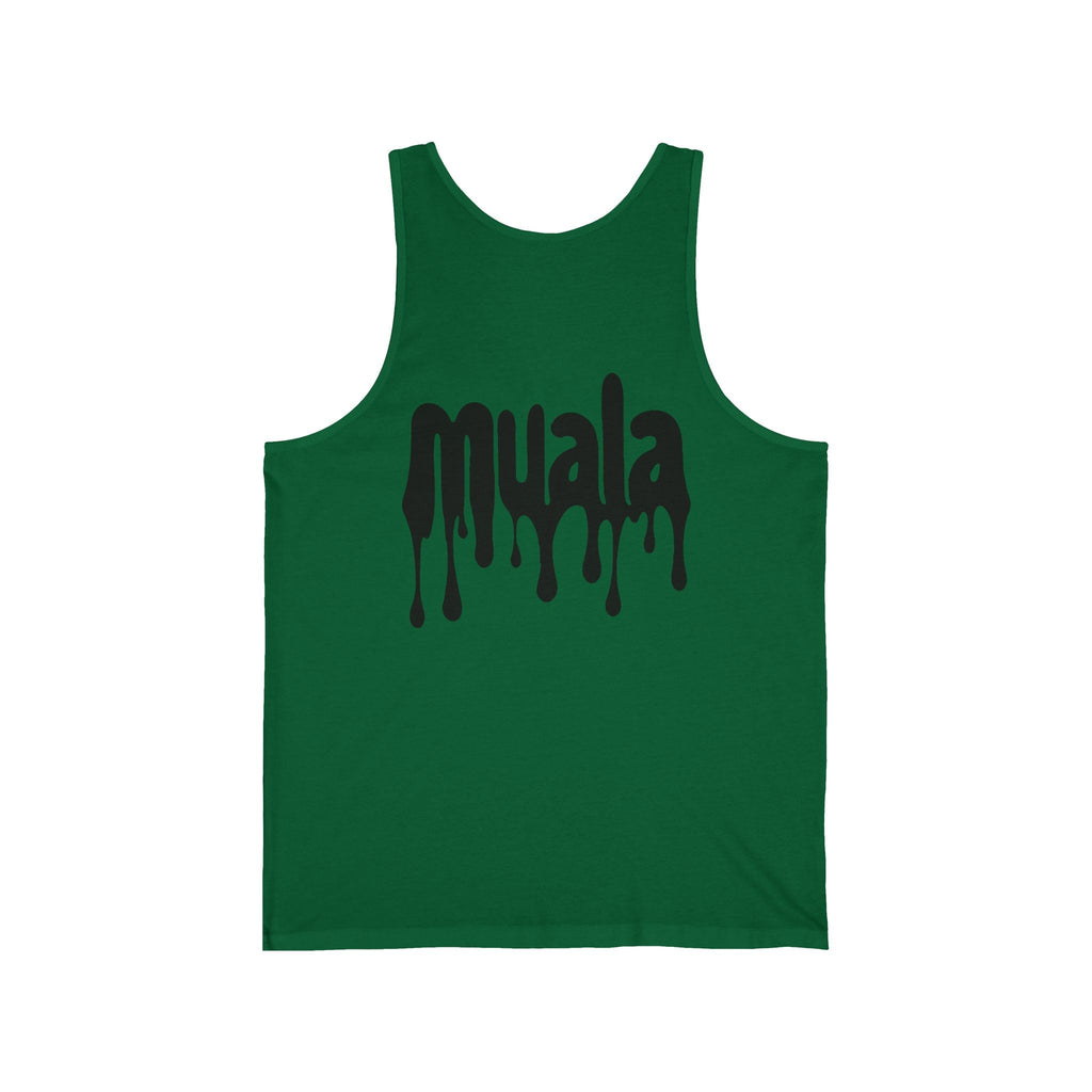 green muala all day summer jersey tank with black dripping logo on front, unisex lightweight casual summer wear