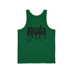 green muala all day summer jersey tank with black dripping logo on front, unisex lightweight casual summer wear