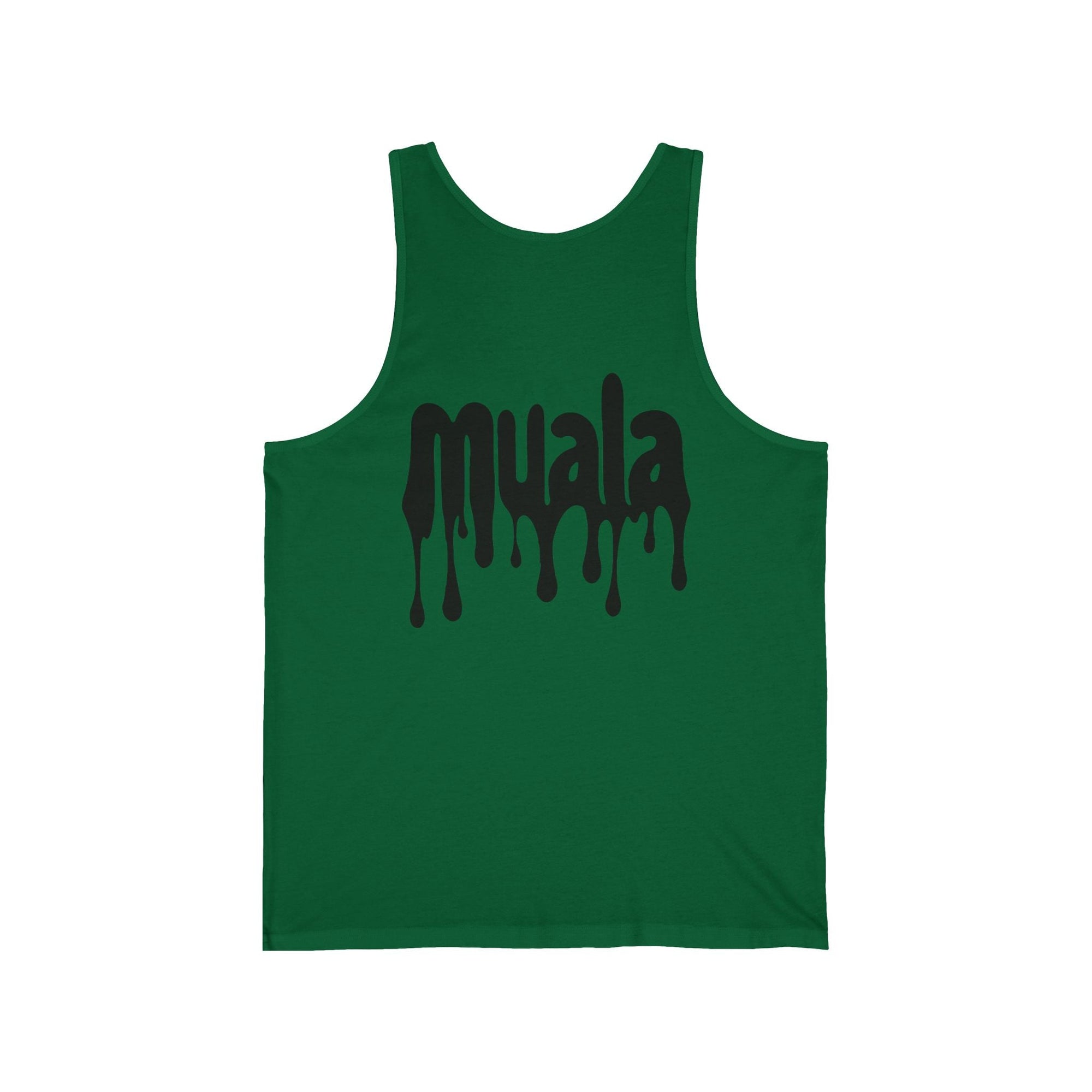 green muala all day summer jersey tank with black dripping logo on front, unisex lightweight casual summer wear