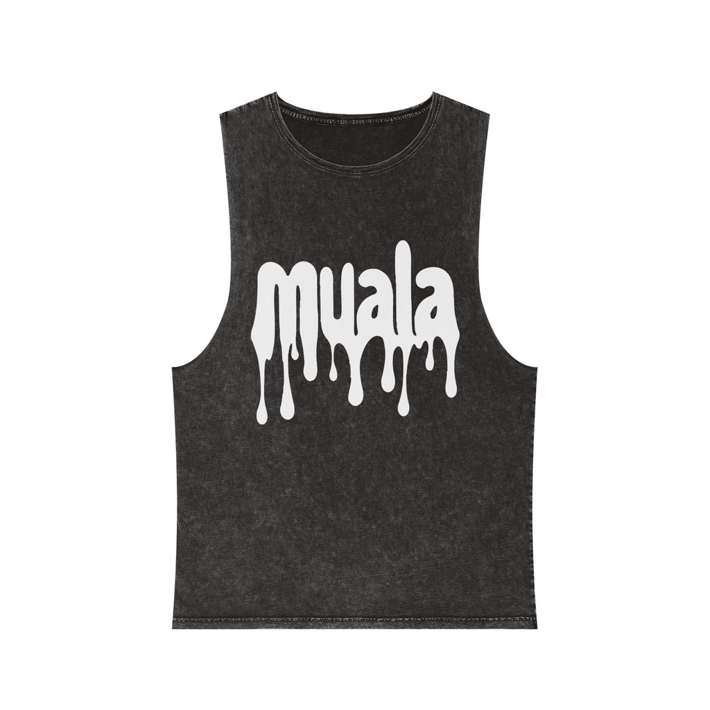 Black stonewash tank top with white dripping "muala" logo and raw sleeve edges