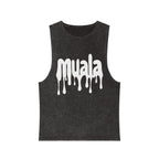 Black stonewash tank top with white dripping "muala" logo and raw sleeve edges