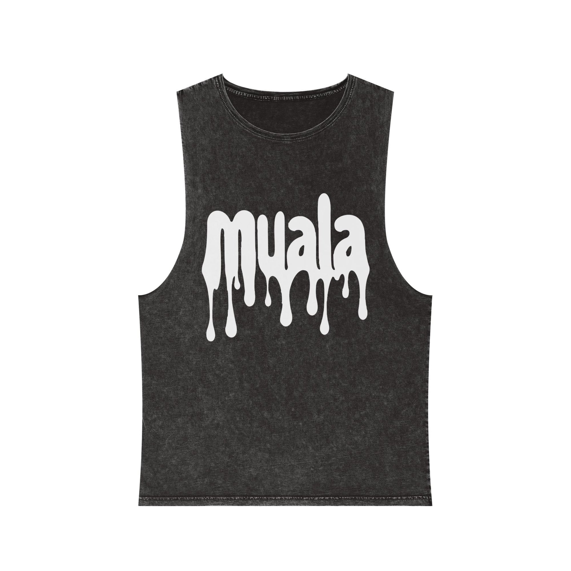 Black stonewash tank top with white dripping "muala" logo and raw sleeve edges