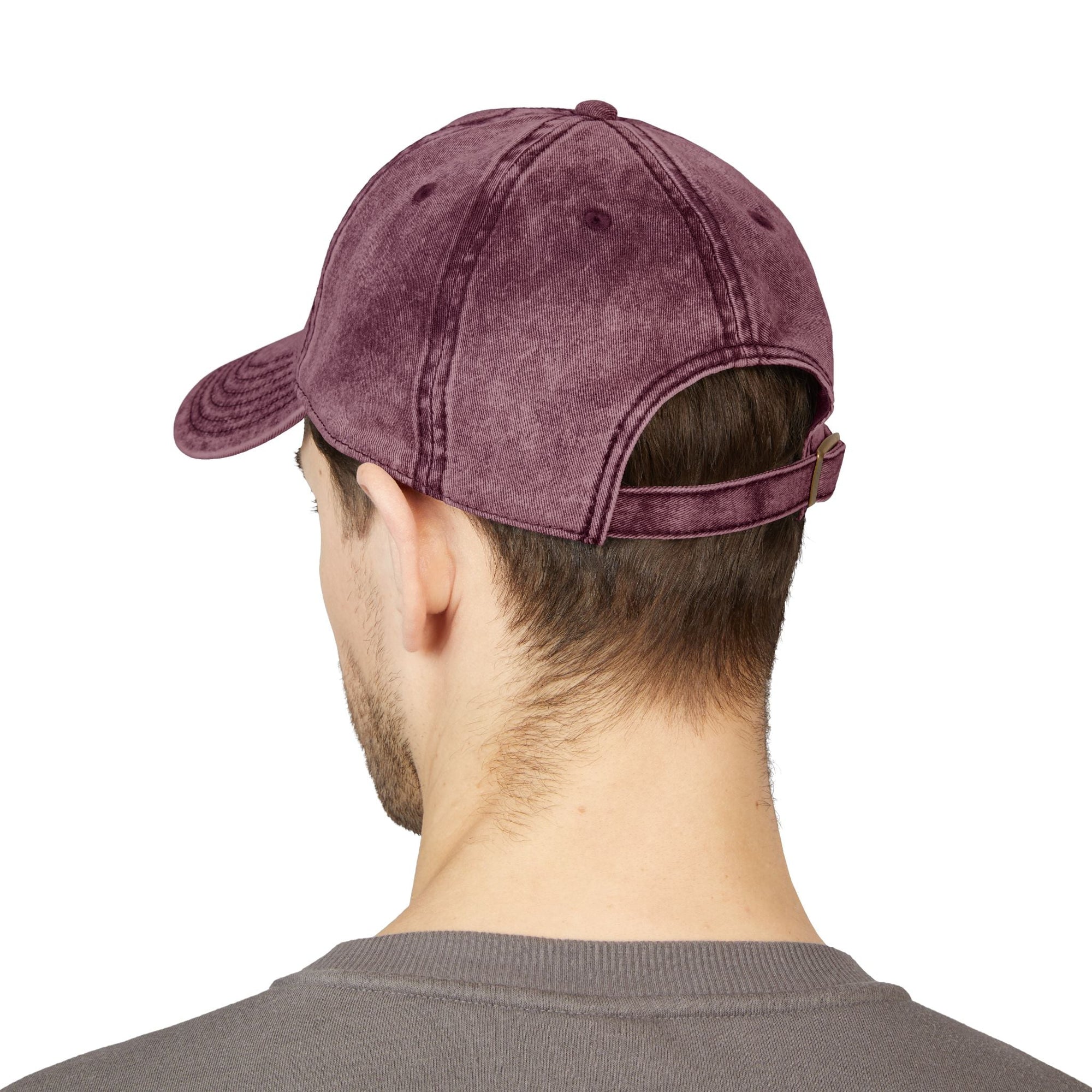 Back view of maroon distressed Muala® "sunday pizza" cap on male model with adjustable antique brass snap buckle