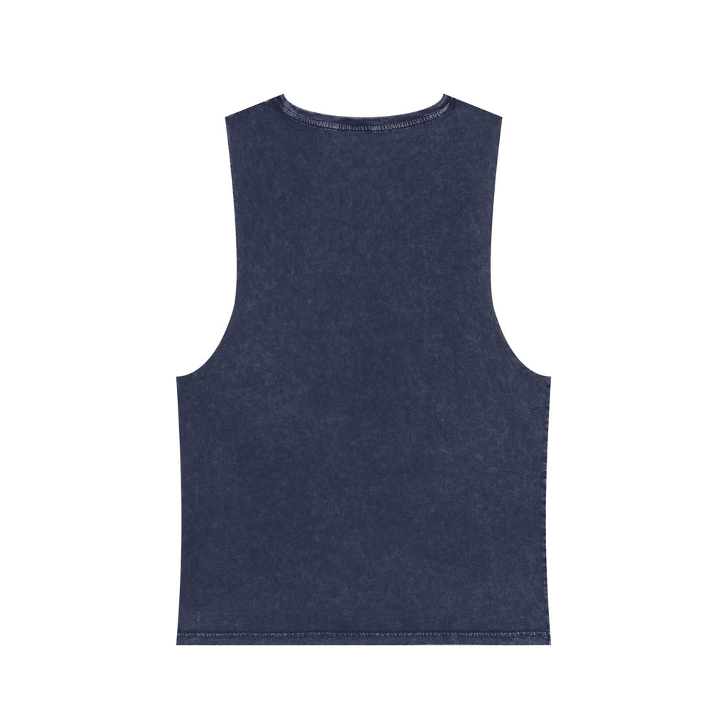 Back view of muala® "hot mualan" stonewash tank top in dark stonewashed cotton with raw sleeve edges and classic unisex fit