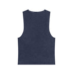 Back view of muala® "hot mualan" stonewash tank top in dark stonewashed cotton with raw sleeve edges and classic unisex fit