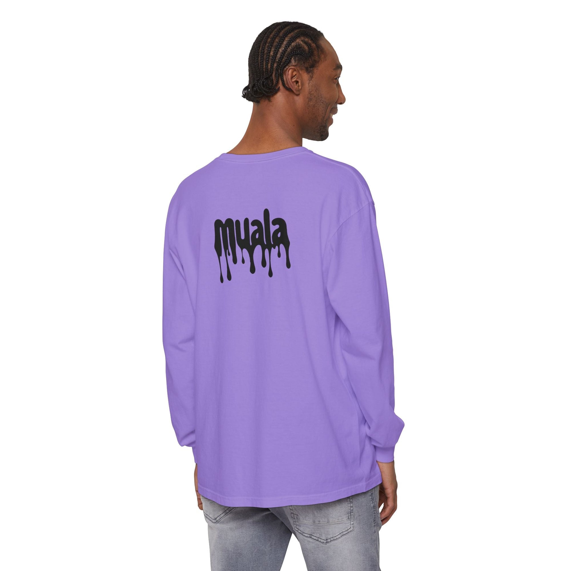 Man wearing lavender Muala® drippy logo long sleeve tee made of 100% ring-spun cotton with garment-dyed finish, shown from back.