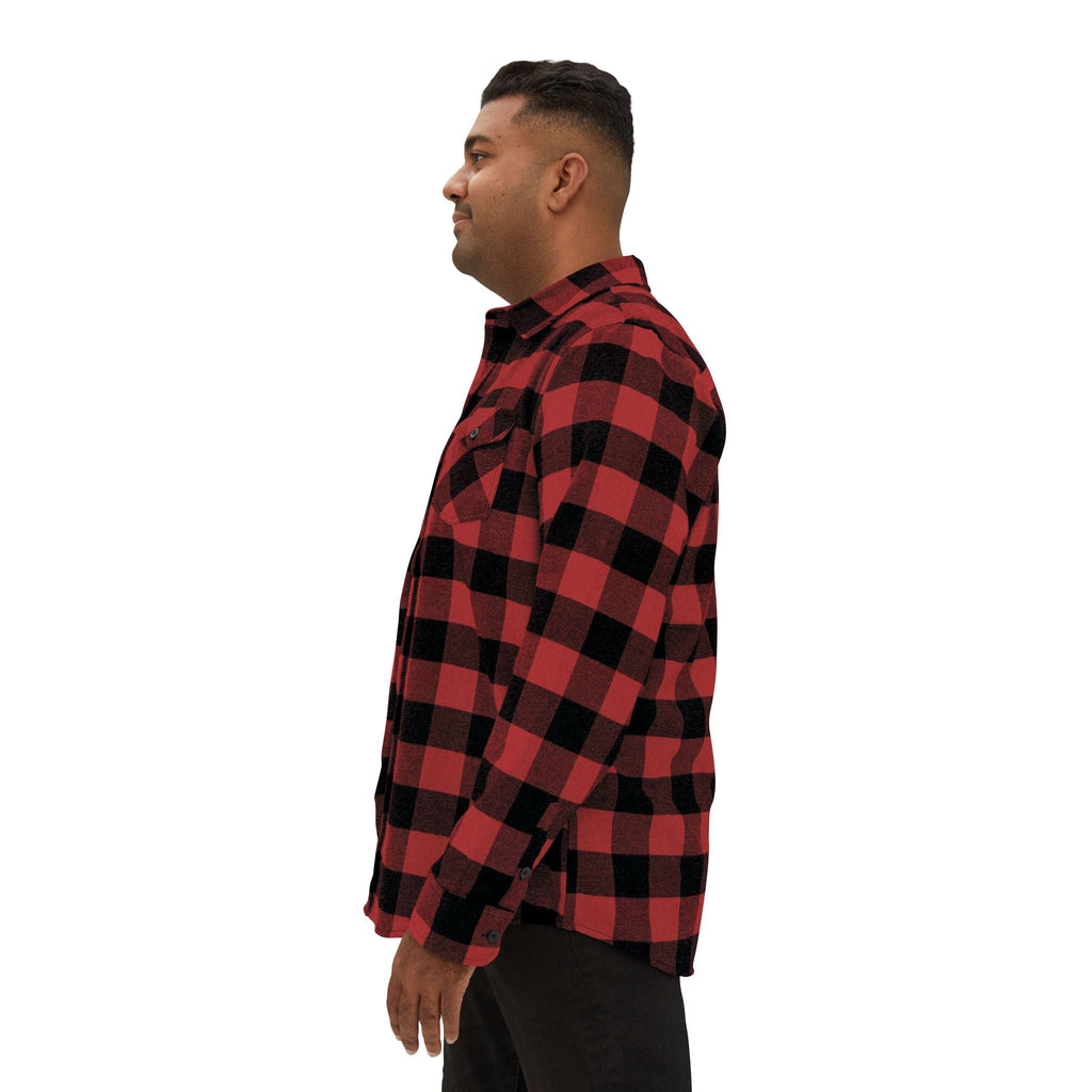 man wearing muala® "late night kebab" heavyweight red and black plaid flannel shirt side view