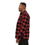 man wearing muala® "late night kebab" heavyweight red and black plaid flannel shirt side view