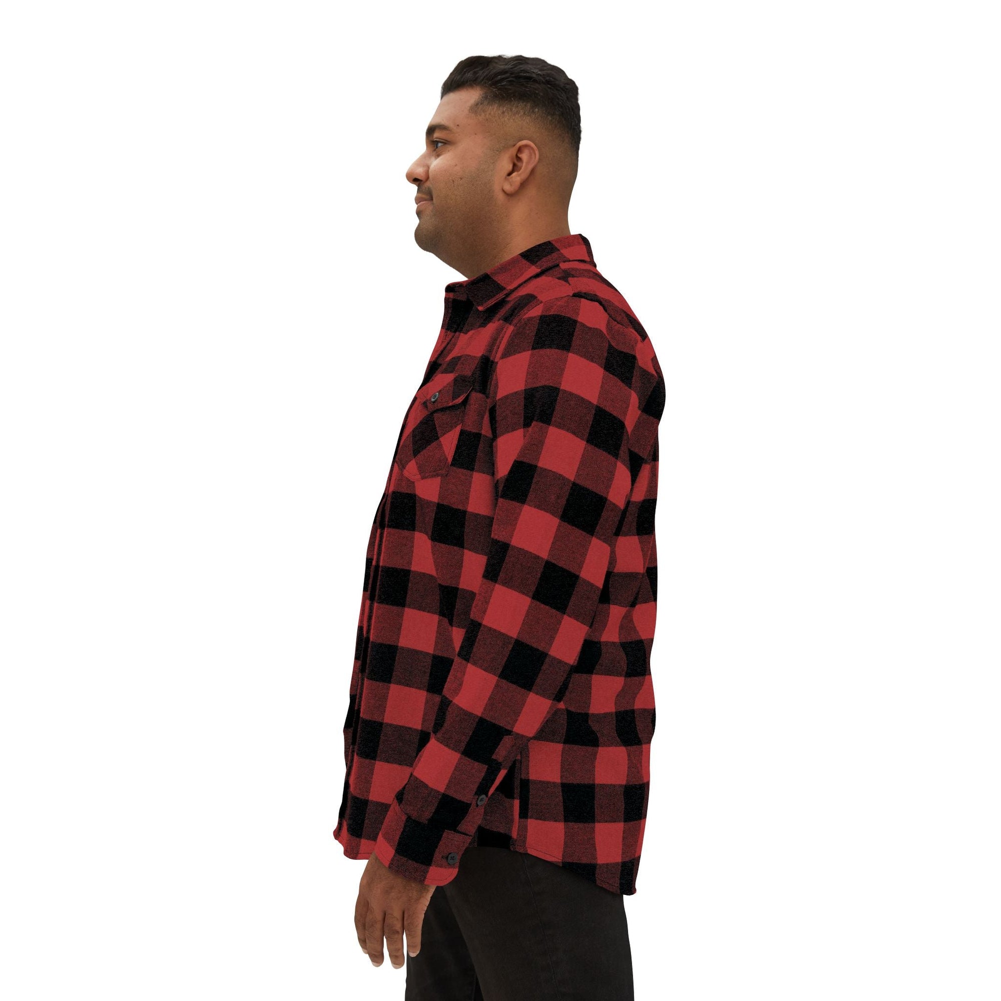 man wearing muala® "late night kebab" heavyweight red and black plaid flannel shirt side view