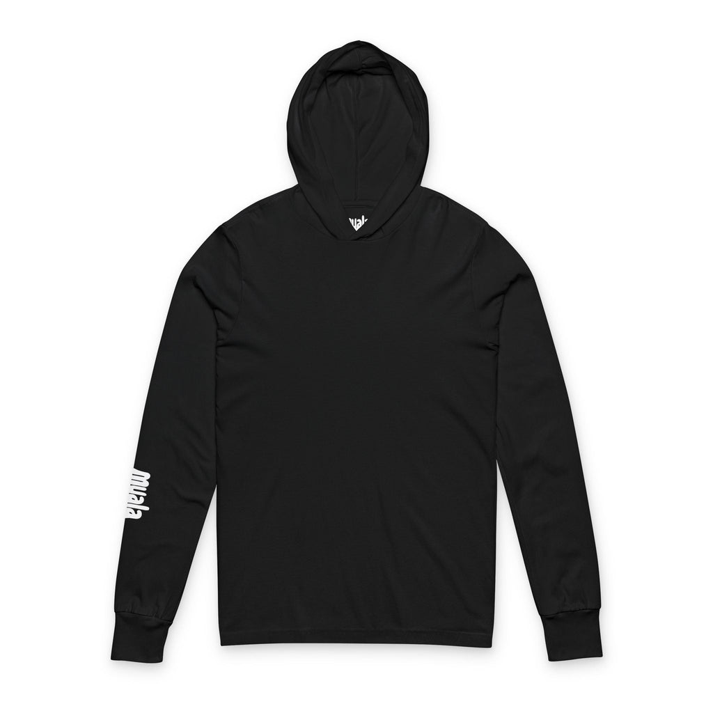 Black Muala® Snack Attack hooded long sleeve tee with right sleeve white print and crossover V-neck design.