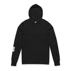 Black Muala® Snack Attack hooded long sleeve tee with right sleeve white print and crossover V-neck design.
