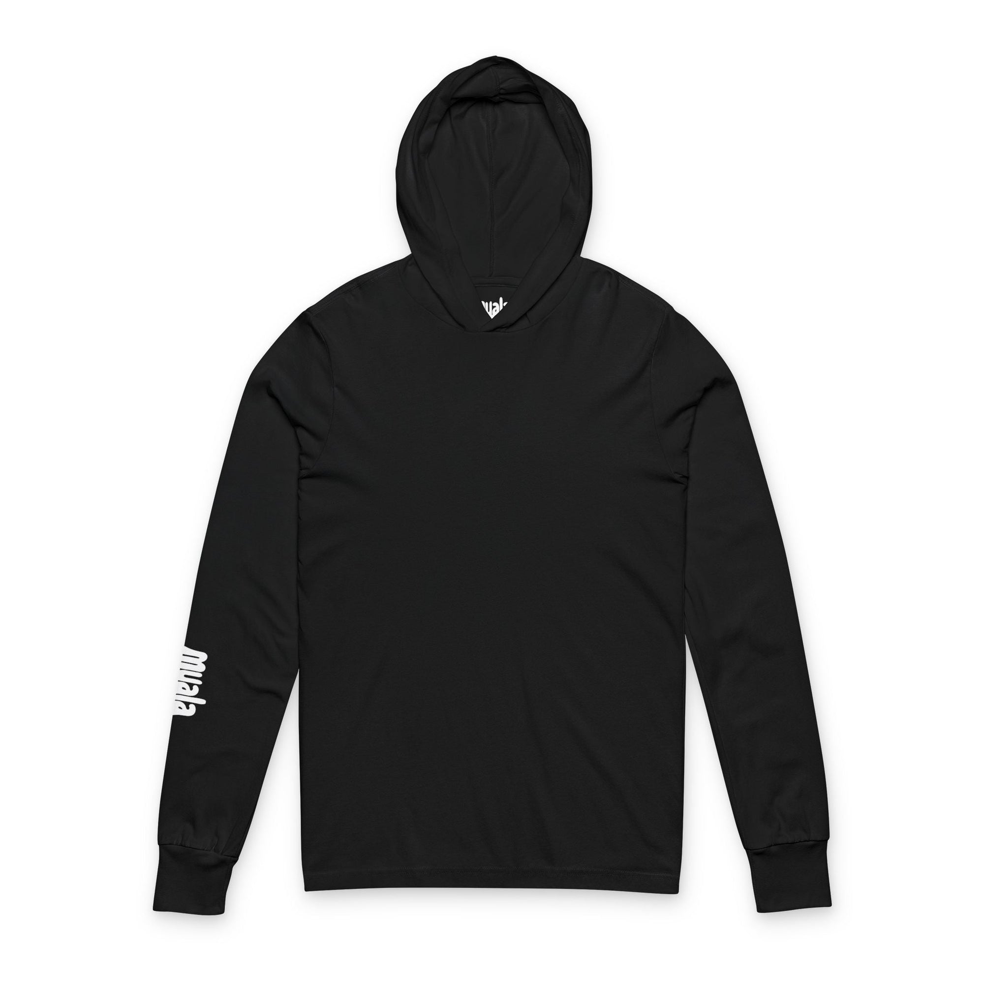 Black Muala® Snack Attack hooded long sleeve tee with right sleeve white print and crossover V-neck design.