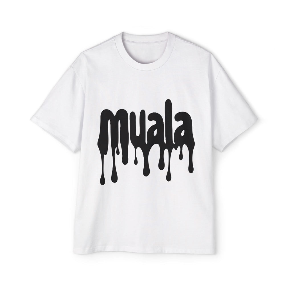 White muala® drippy fat oversized tee with black dripping logo print and dropped shoulders for relaxed fit