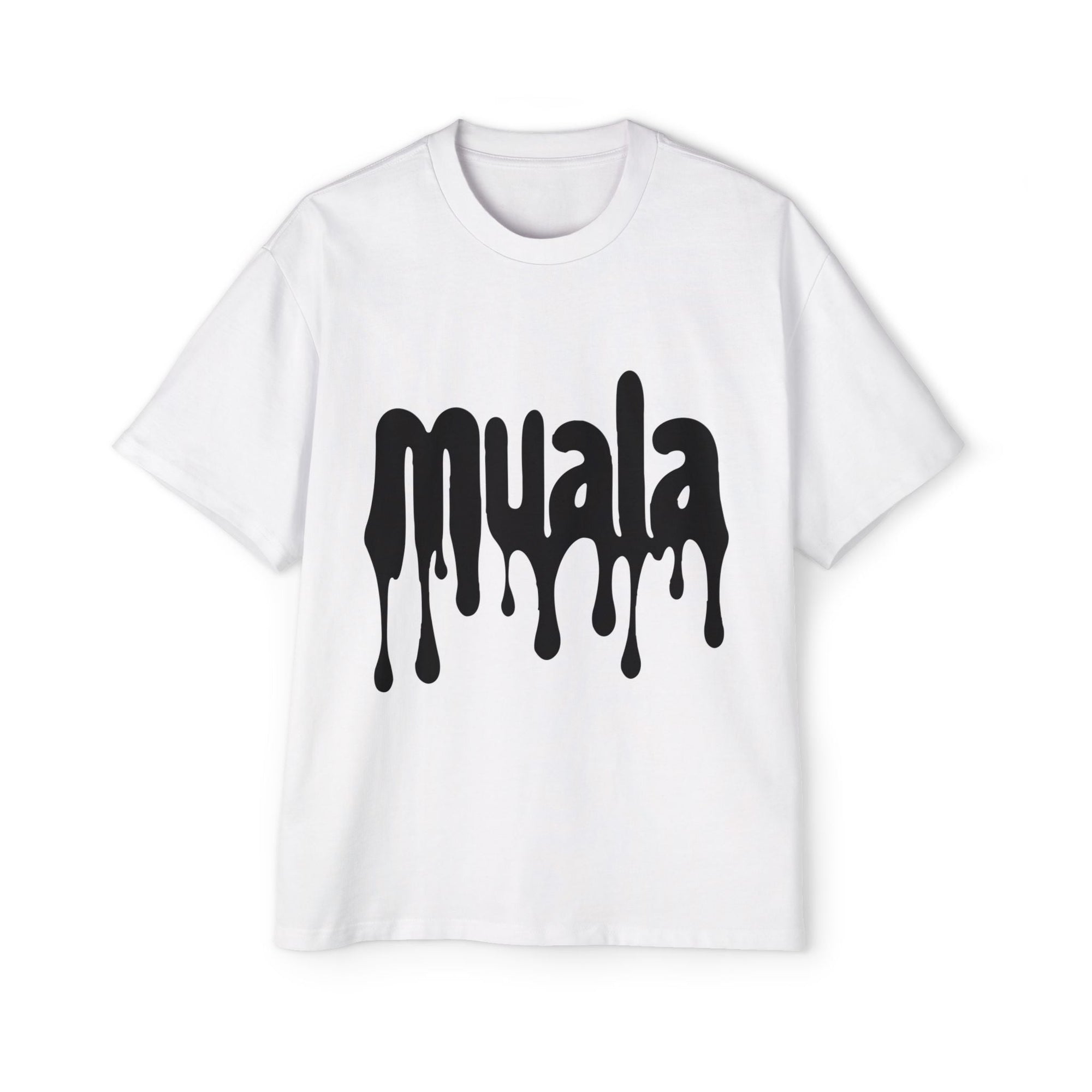 White muala® drippy fat oversized tee with black dripping logo print and dropped shoulders for relaxed fit
