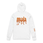 White Muala® Snack Attack hooded long sleeve tee with brown dripping logo print on the back and right sleeve, made of lightweight airlume combed cotton.