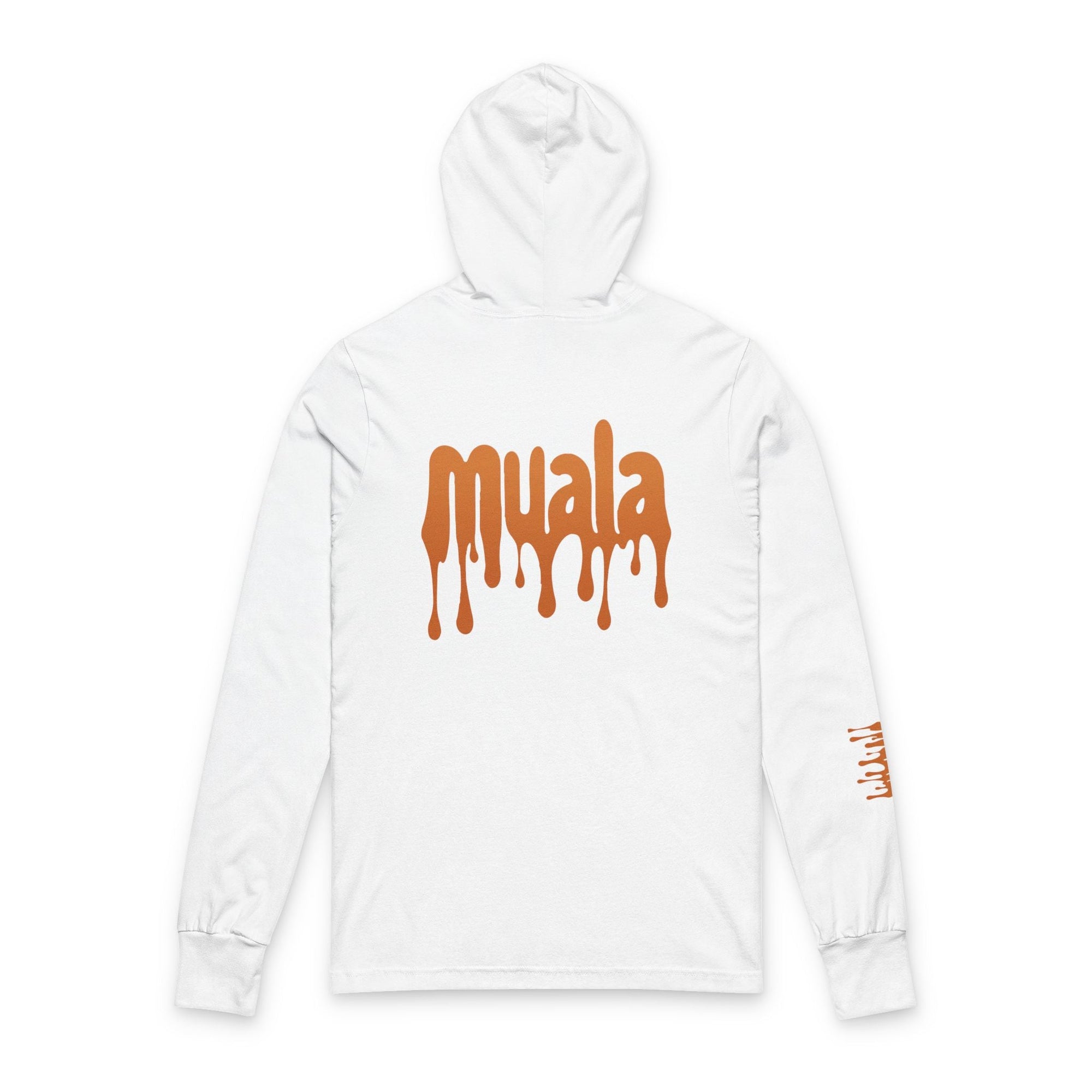 White Muala® Snack Attack hooded long sleeve tee with brown dripping logo print on the back and right sleeve, made of lightweight airlume combed cotton.