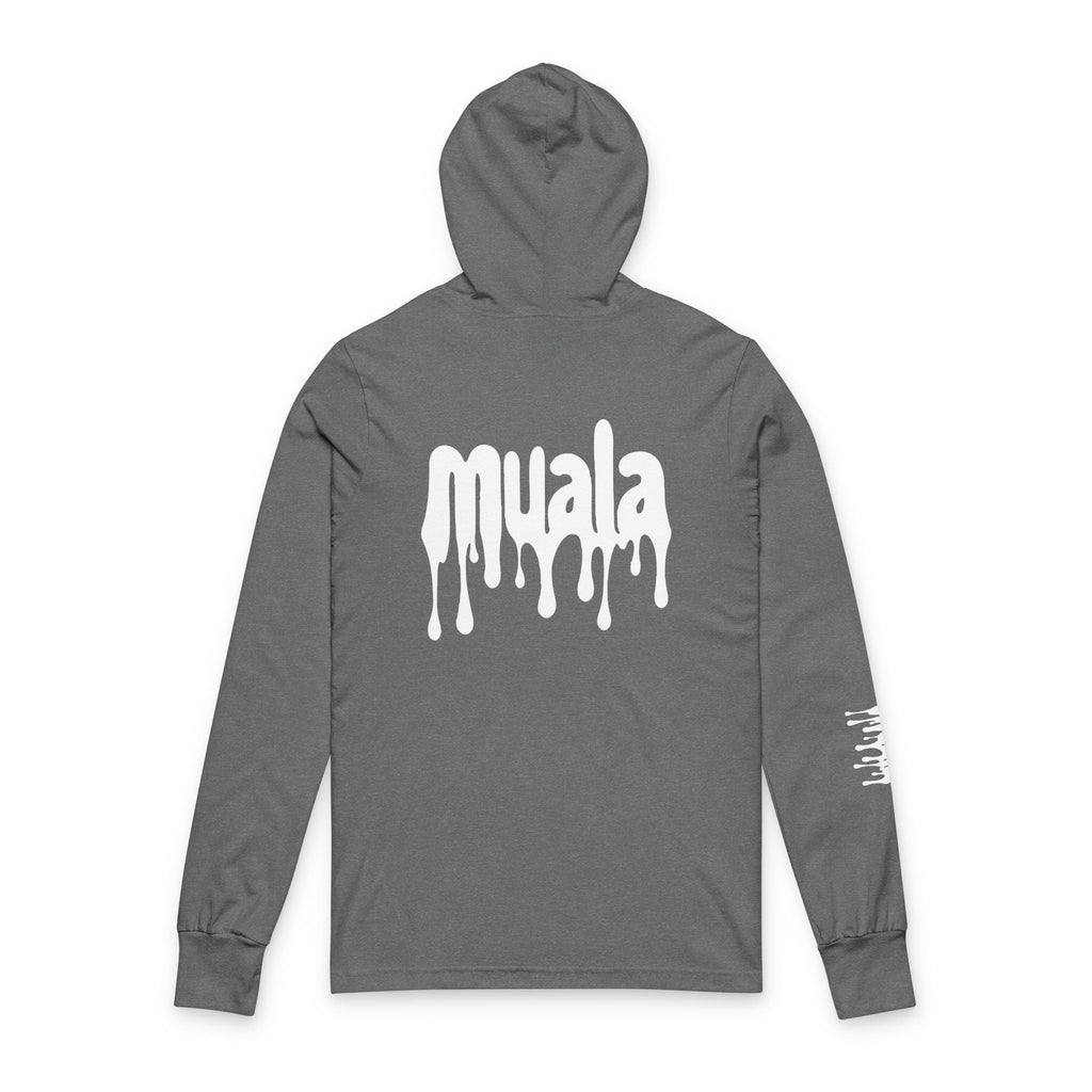 Muala® Snack Attack gray hooded long sleeve tee with white drip logo print on back and right sleeve