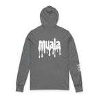 Muala® Snack Attack gray hooded long sleeve tee with white drip logo print on back and right sleeve