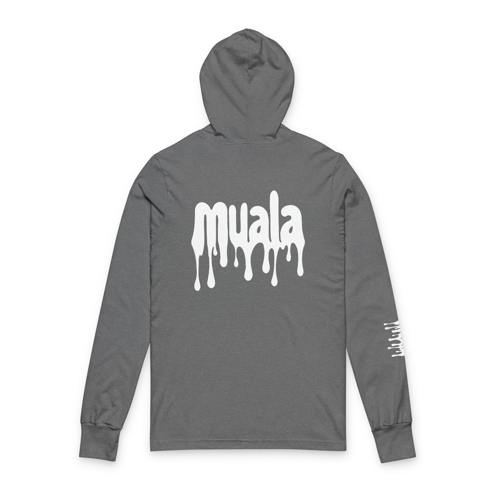 Muala® Snack Attack gray hooded long sleeve tee with white drip logo print on back and right sleeve