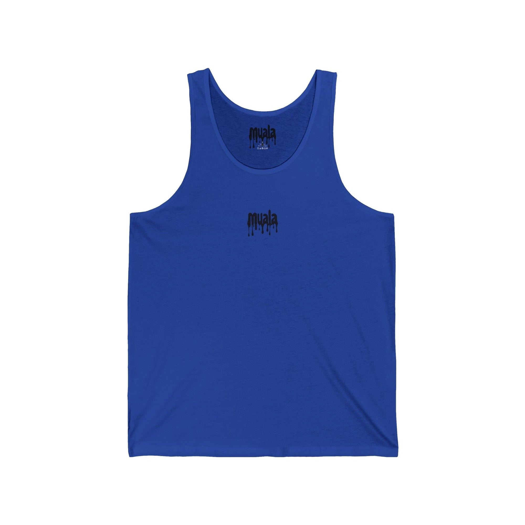blue muala all day summer jersey tank top with drip logo on chest and classic unisex cut