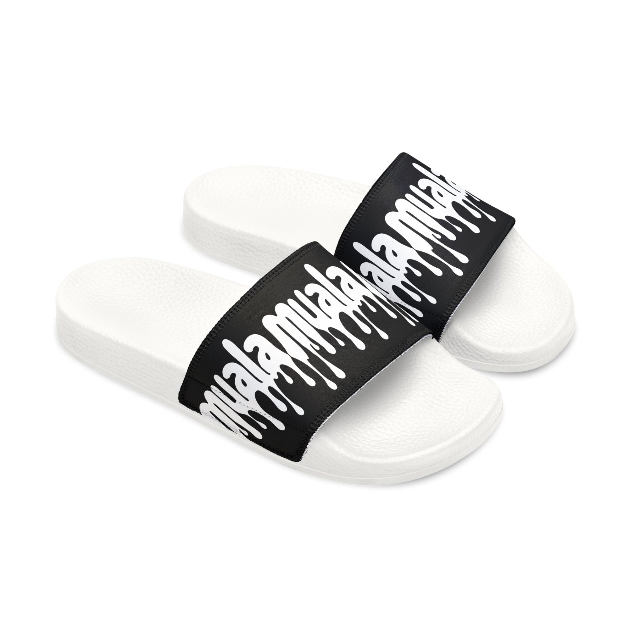 Muala® flip fat flop men's sandals with white cushioned soles and black adjustable straps featuring white logo design