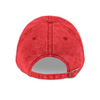 Back view of red Muala® "sunday pizza" Cap with distressed cotton twill fabric and adjustable antique brass snap buckle closure