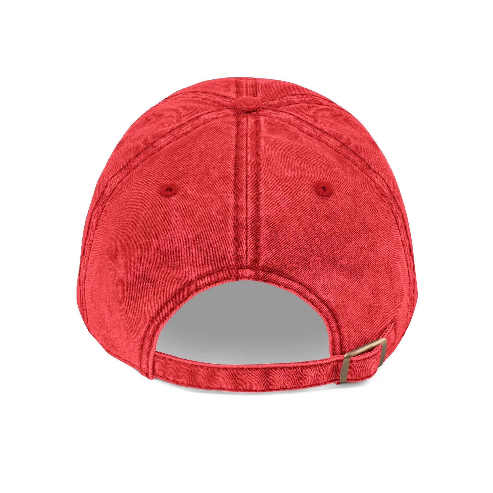 Back view of red Muala® "sunday pizza" Cap with distressed cotton twill fabric and adjustable antique brass snap buckle closure