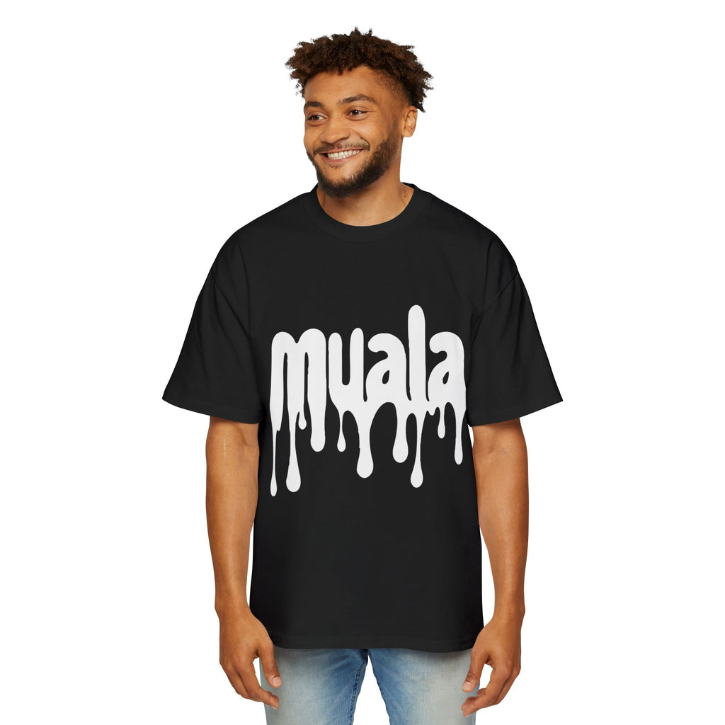 Man wearing black muala® drippy fat heavy oversized tee with white dripping logo on front