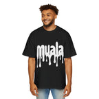 Man wearing black muala® drippy fat heavy oversized tee with white dripping logo on front