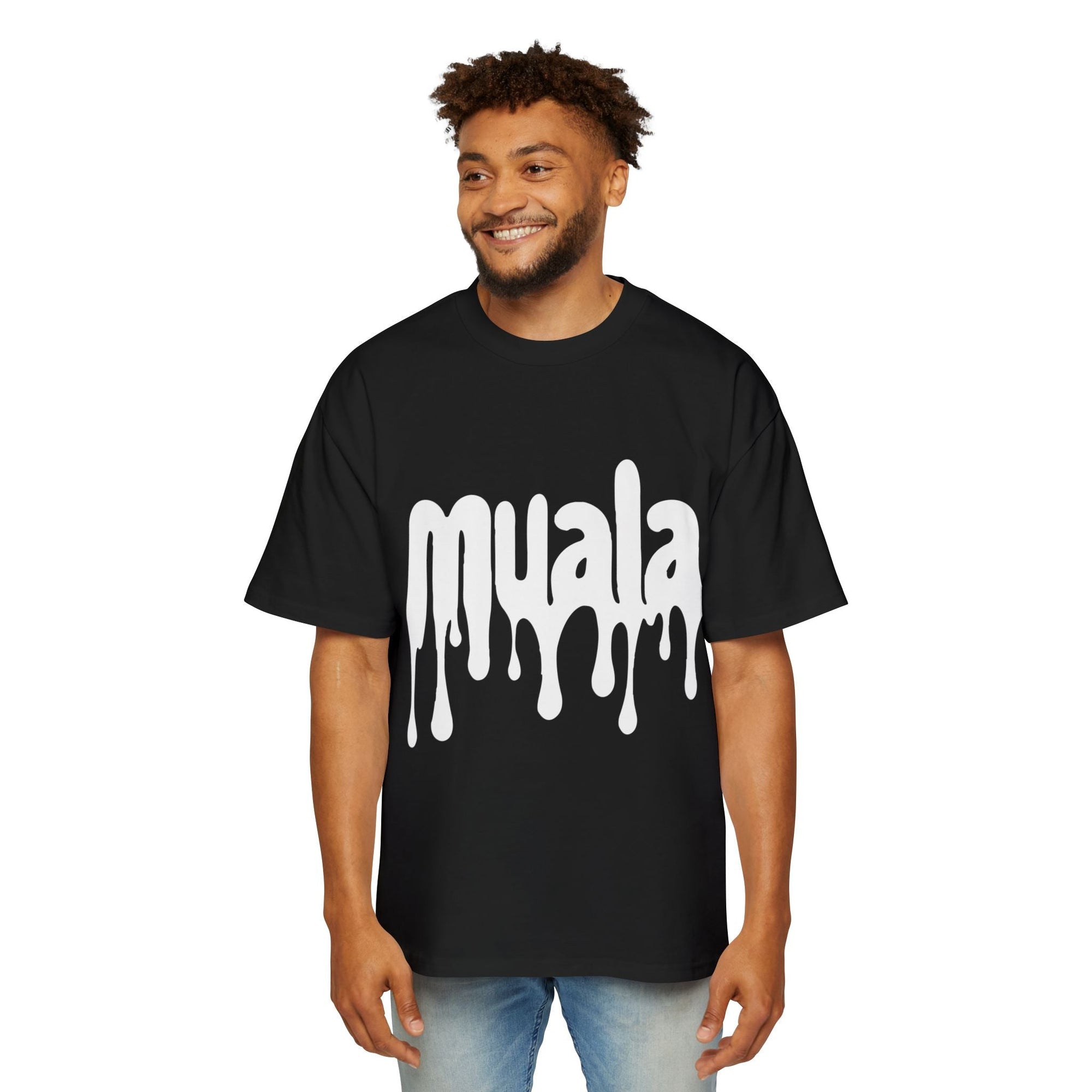 Man wearing black muala® drippy fat heavy oversized tee with white dripping logo on front