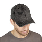 Muala® "sunday pizza" Cap in distressed black cotton twill with black embroidered logo on right front panel, vintage low-profile fit.