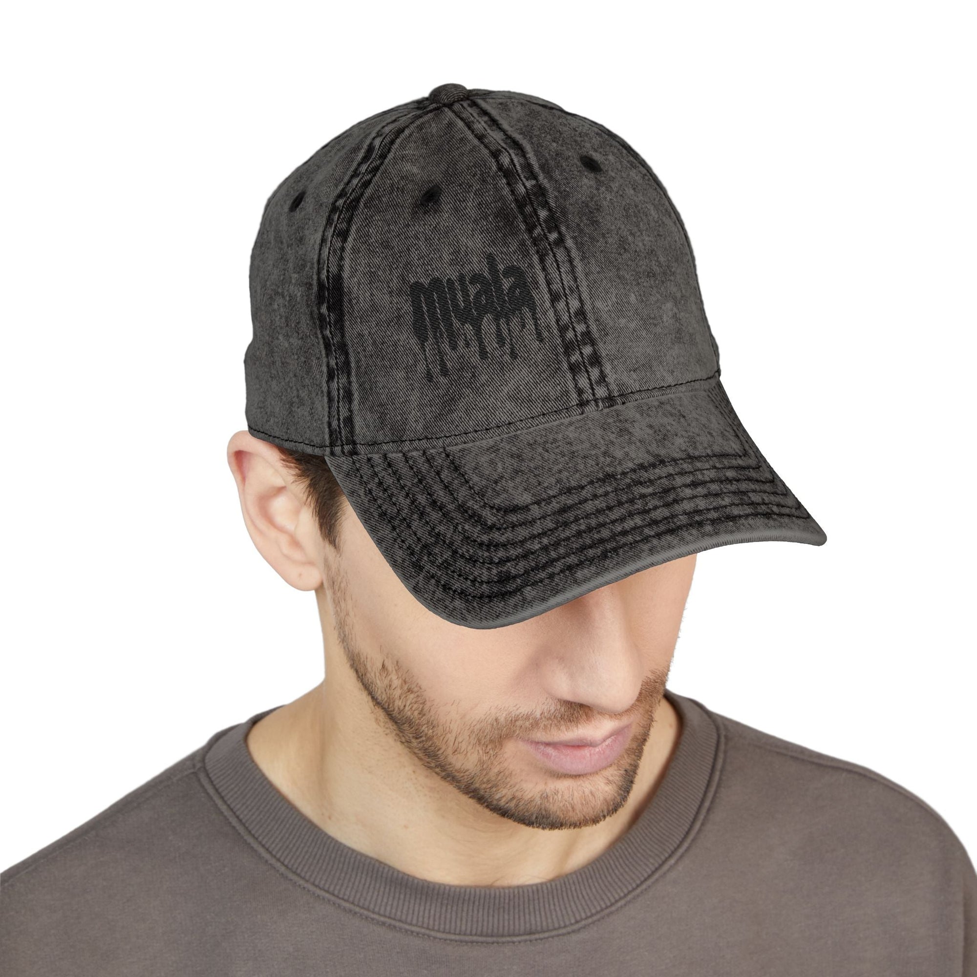 Muala® "sunday pizza" Cap in distressed black cotton twill with black embroidered logo on right front panel, vintage low-profile fit.