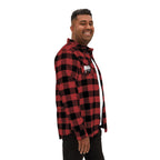 man wearing red and black plaid heavyweight flannel shirt with muala logo on chest, casual unisex style