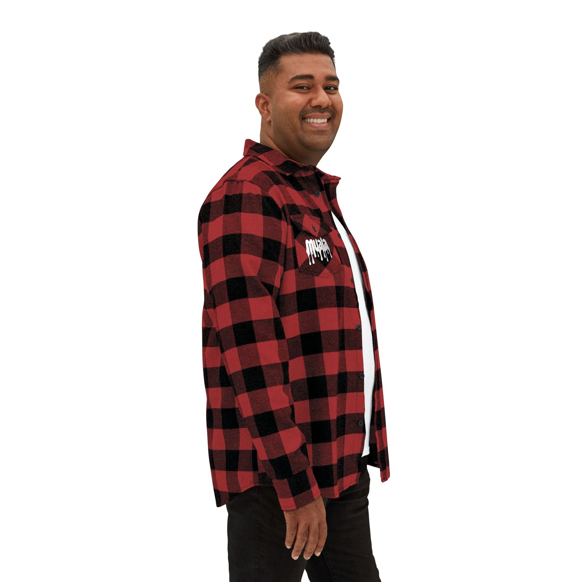 man wearing red and black plaid heavyweight flannel shirt with muala logo on chest, casual unisex style