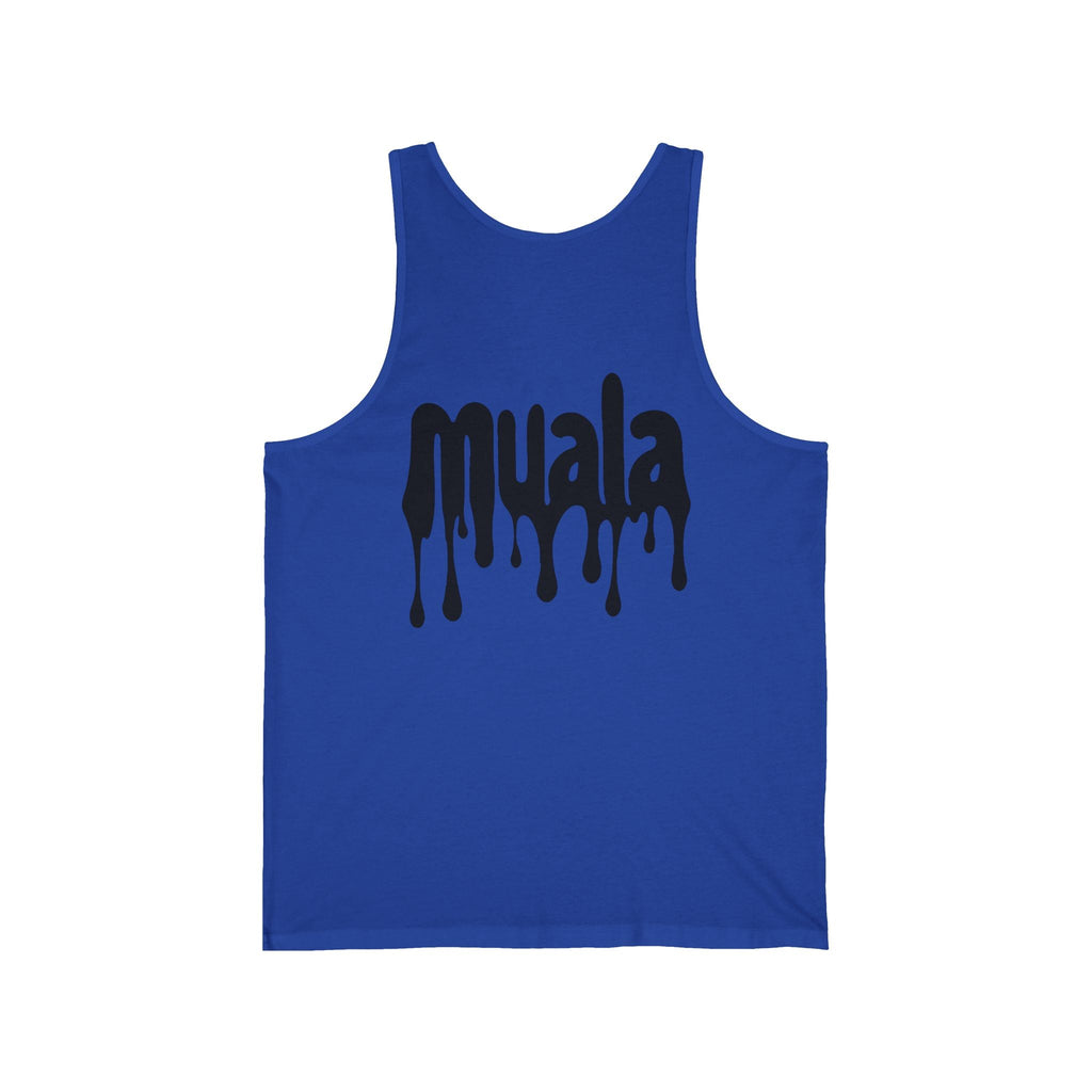 Blue sleeveless Muala® all day summer jersey tank top with black dripping logo design on front