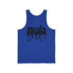 Blue sleeveless Muala® all day summer jersey tank top with black dripping logo design on front