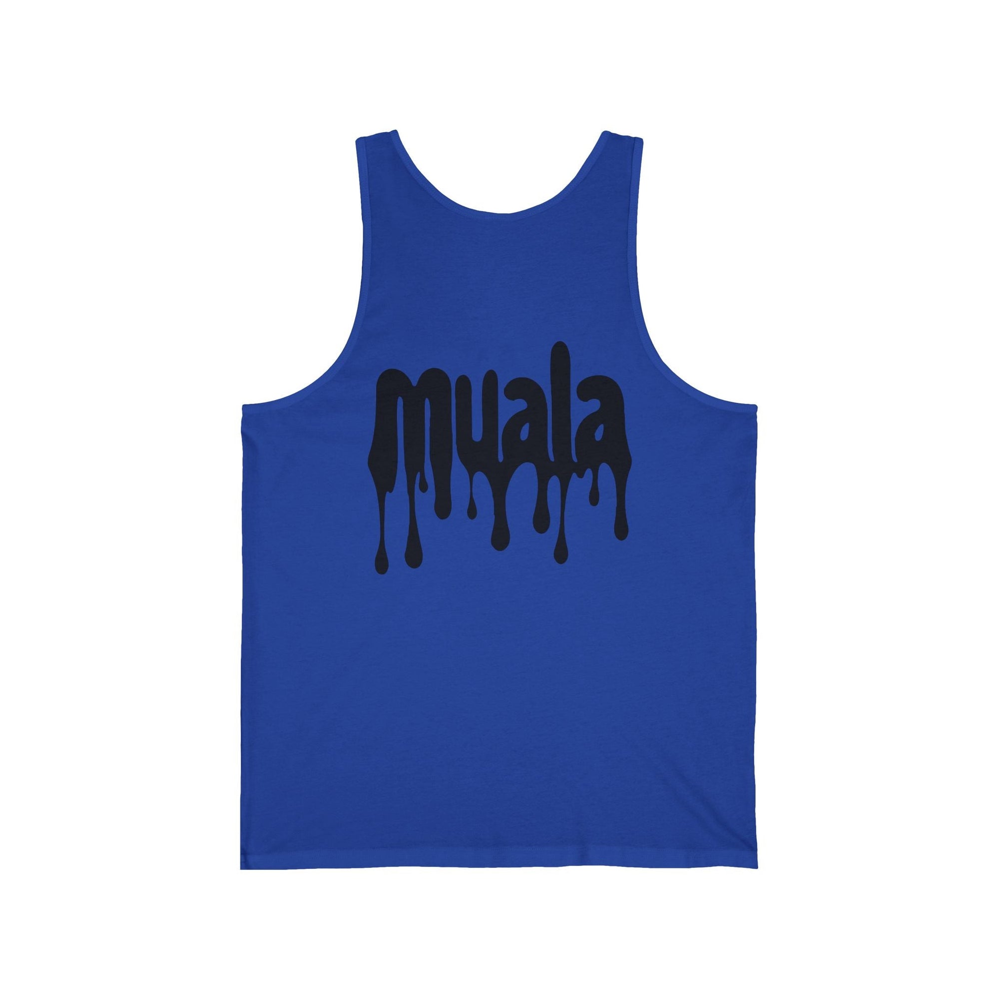 Blue sleeveless Muala® all day summer jersey tank top with black dripping logo design on front